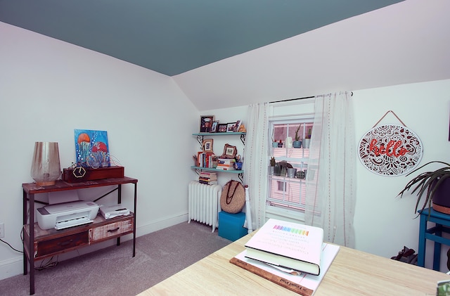 62 Mather St, Manchester, CT 06042 - office area with radiator, vaulted ceiling, carpet floors, and baseboards