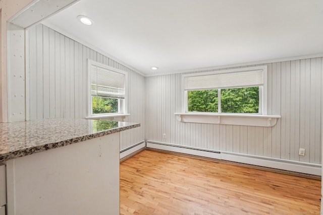 345 Hilliard St, Manchester, CT 06042 - empty room with light wood-style flooring, healthy amount of natural light, a baseboard radiator, ornamental molding, and wooden walls