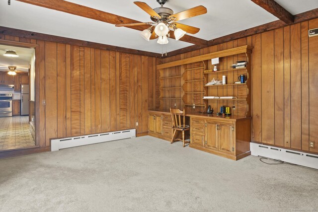 870 N Colony Rd, Meriden, CT 06450 - unfurnished office with baseboard heating, wooden walls, a ceiling fan, carpet flooring, and beamed ceiling