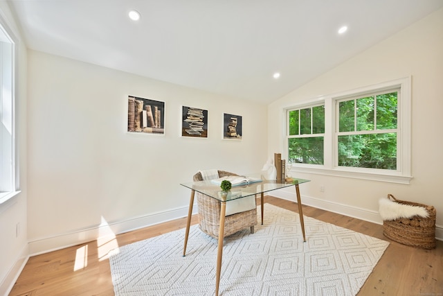 181 Highland Ave, Norwalk, CT 06853 - office with light wood-style flooring, vaulted ceiling, and recessed lighting