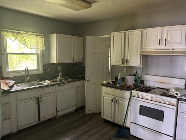 14 Judson Ave, New Haven, CT 06511 - kitchen with white appliances, under cabinet range hood, white cabinetry, dark wood-style flooring, and a textured ceiling