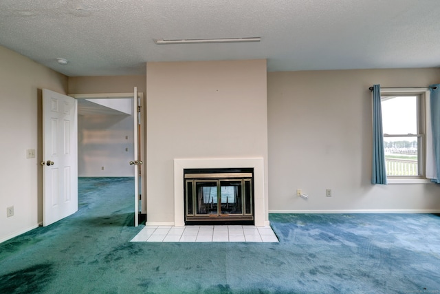 74 Quarry Dock Rd Unit 74, Branford, CT 06405 - unfurnished living room with carpet, a textured ceiling, a multi sided fireplace, and baseboards
