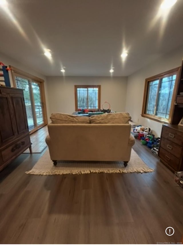 11 Arden Ave, New Fairfield, CT 06812 - living area featuring dark wood-style floors, plenty of natural light, and recessed lighting