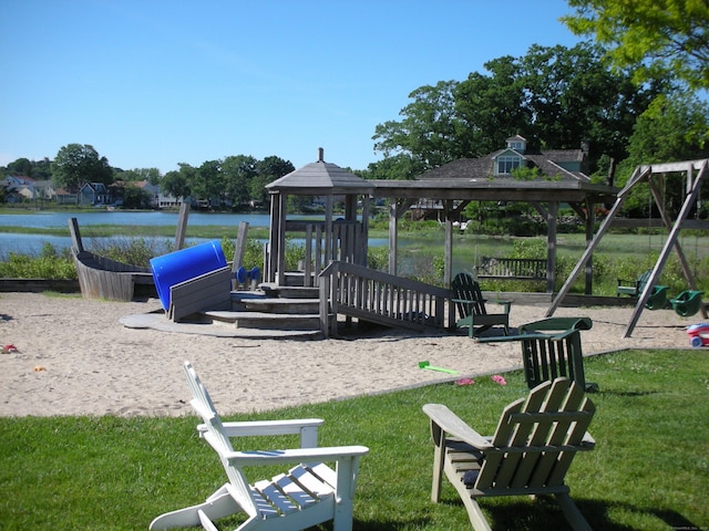 48 Harbor View Ave, Norwalk, CT 06854 - community play area featuring a gazebo, a lawn, and a water view
