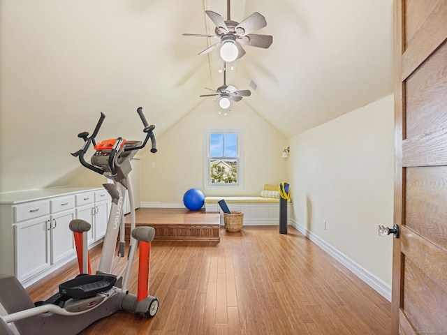 48 Harbor View Ave, Norwalk, CT 06854 - exercise area with a ceiling fan, light wood-type flooring, baseboards, and vaulted ceiling