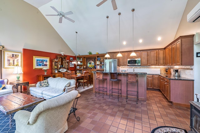 31 Philip Dr, Mansfield, CT 06268 - tiled living room with high vaulted ceiling, a ceiling fan, a wall unit AC, and recessed lighting