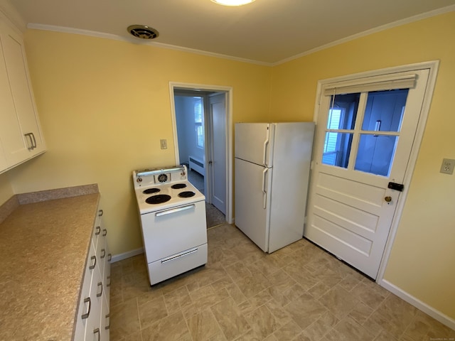 154 Wall St, Meriden, CT 06475 - kitchen with white appliances, ornamental molding, white cabinets, baseboards, and a baseboard radiator
