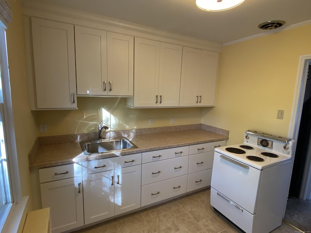 154 Wall St, Meriden, CT 06475 - kitchen featuring white range with electric cooktop, a sink, white cabinetry, ornamental molding, and light countertops