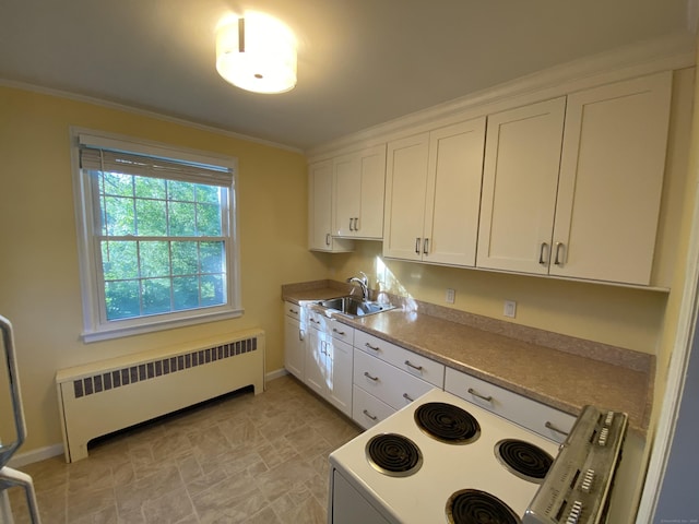 154 Wall St, Meriden, CT 06475 - kitchen featuring radiator heating unit, white range with electric stovetop, a sink, baseboards, and white cabinets