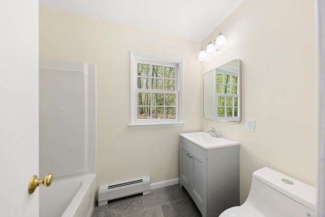 24 Newtown Tpke, Redding, CT 06896 - full bath featuring a baseboard radiator, toilet, vanity, tile patterned flooring, and a bath