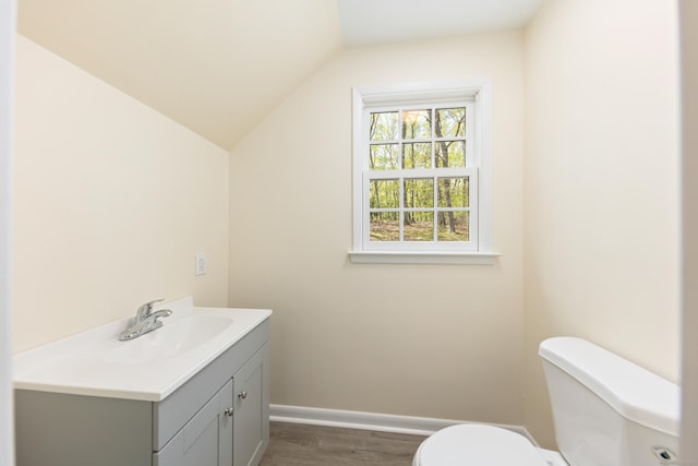 24 Newtown Tpke, Redding, CT 06896 - half bath featuring wood finished floors, toilet, vanity, lofted ceiling, and baseboards