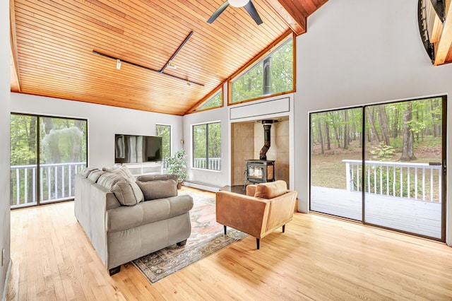 32 Old Bethel Rd, Newtown, CT 06470 - living room with a wood stove, ceiling fan, a baseboard heating unit, high vaulted ceiling, and wooden ceiling