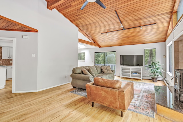 32 Old Bethel Rd, Newtown, CT 06470 - living room with wood ceiling with exposed beams, ceiling fan, light wood-style floors, track lighting, and baseboards