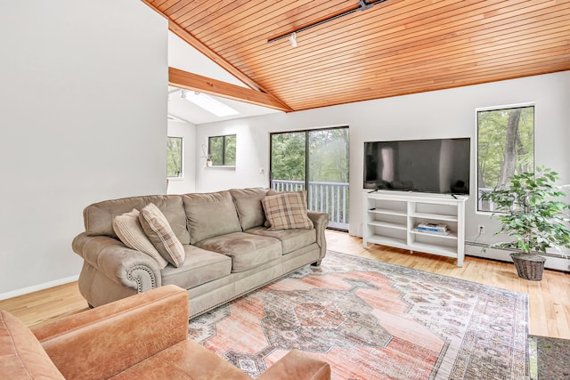 32 Old Bethel Rd, Newtown, CT 06470 - living room featuring wooden ceiling, plenty of natural light, lofted ceiling, wood finished floors, and baseboards