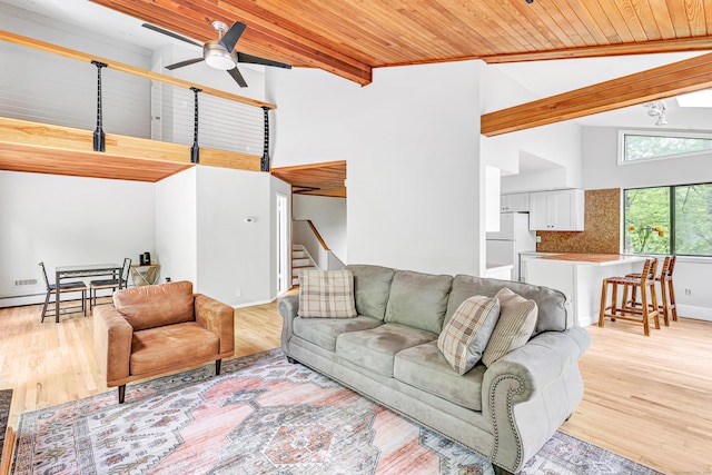 32 Old Bethel Rd, Newtown, CT 06470 - living room featuring high vaulted ceiling, a ceiling fan, light wood-style floors, wooden ceiling with exposed beams, and stairs