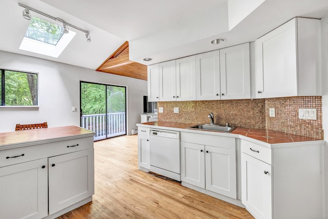 32 Old Bethel Rd, Newtown, CT 06470 - kitchen with dishwasher, a sink, a skylight, track lighting, and backsplash