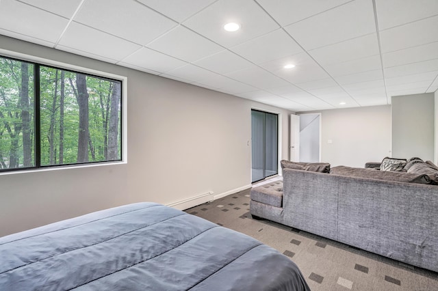 32 Old Bethel Rd, Newtown, CT 06470 - bedroom featuring a baseboard heating unit, carpet floors, recessed lighting, and a drop ceiling