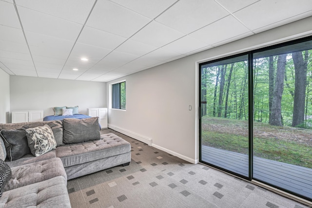 32 Old Bethel Rd, Newtown, CT 06470 - living area featuring a baseboard heating unit, carpet, baseboards, a paneled ceiling, and recessed lighting