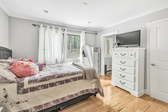 32 Old Bethel Rd, Newtown, CT 06470 - bedroom with ornamental molding, light wood-type flooring, a baseboard radiator, and recessed lighting