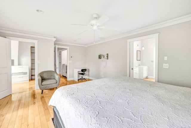 32 Old Bethel Rd, Newtown, CT 06470 - bedroom with ornamental molding, light wood finished floors, ensuite bath, a ceiling fan, and baseboards