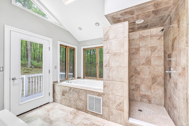 32 Old Bethel Rd, Newtown, CT 06470 - bathroom with tiled shower, a garden tub, and high vaulted ceiling