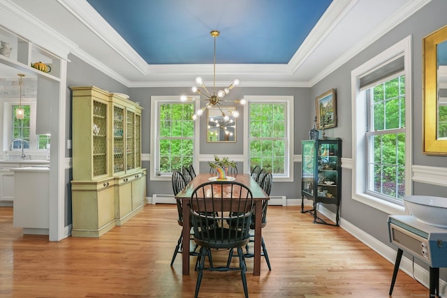 dining space with a baseboard radiator, a chandelier, a raised ceiling, light wood-style floors, and crown molding