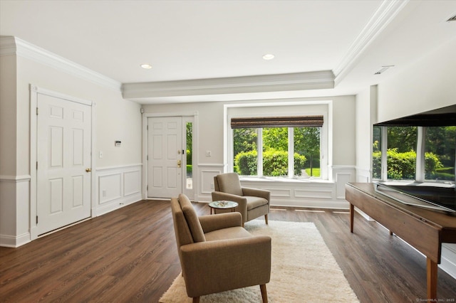 7 Wyndemere Unit 7, Avon, CT 06001 - living room featuring dark wood-style floors, crown molding, a wainscoted wall, recessed lighting, and a decorative wall