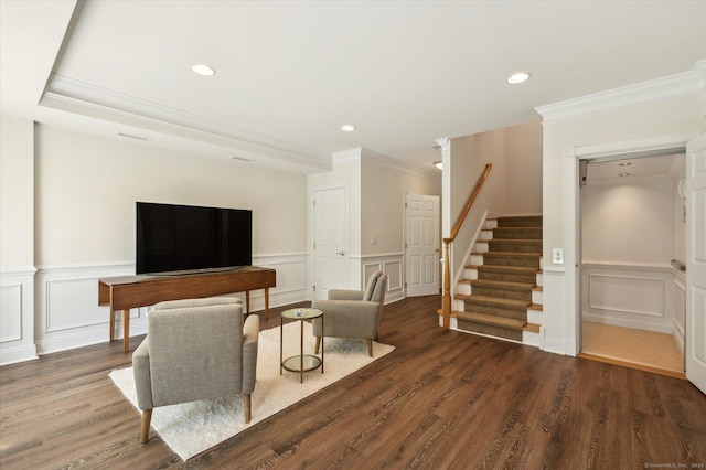 7 Wyndemere Unit 7, Avon, CT 06001 - living room featuring a decorative wall, ornamental molding, stairs, wood finished floors, and recessed lighting