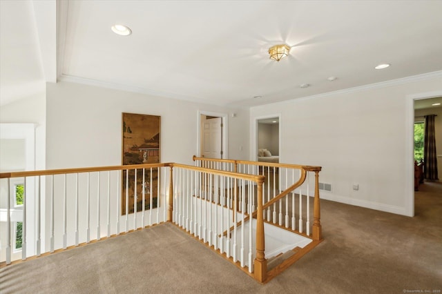 7 Wyndemere Unit 7, Avon, CT 06001 - hallway with an upstairs landing, carpet flooring, crown molding, baseboards, and recessed lighting