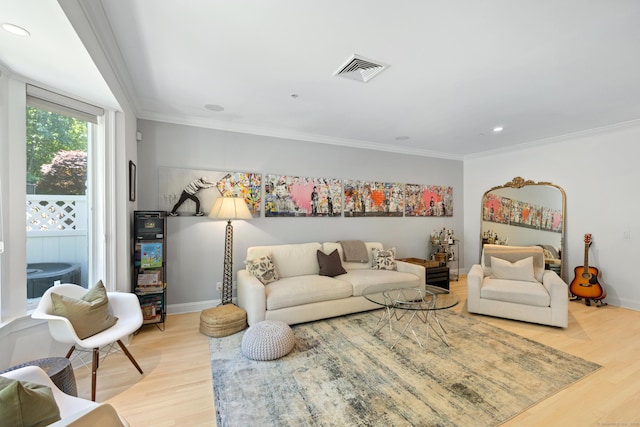 442 Main Ave Unit 18 B6, Norwalk, CT 06851 - living area featuring light wood-style flooring, crown molding, recessed lighting, and baseboards
