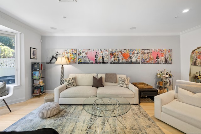 442 Main Ave Unit 18 B6, Norwalk, CT 06851 - living area featuring light wood-style floors, crown molding, baseboards, and recessed lighting