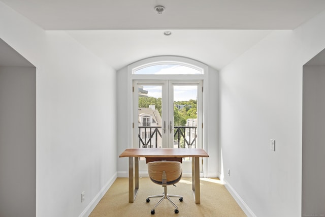 442 Main Ave Unit 18 B6, Norwalk, CT 06851 - office with baseboards, light carpet, lofted ceiling, and french doors