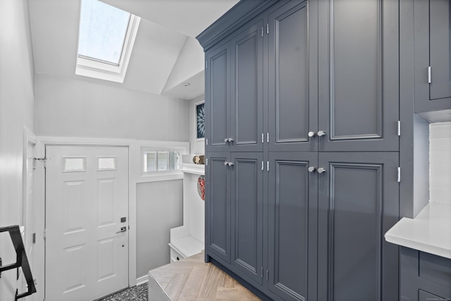 233 Front St Unit 3, New Haven, CT 06513 - mudroom featuring a skylight and vaulted ceiling
