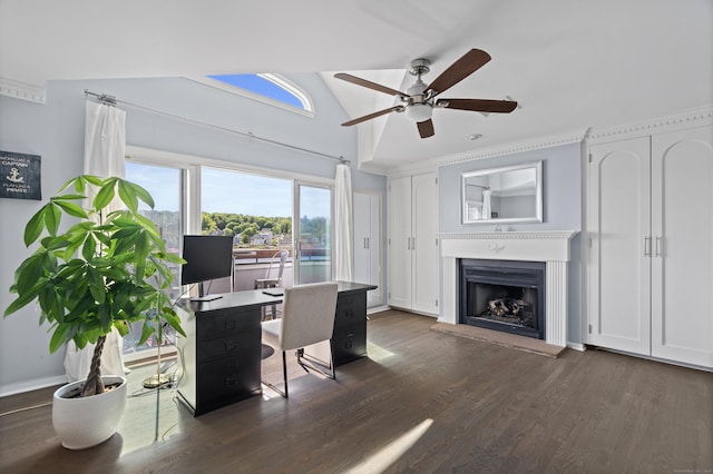 233 Front St Unit 3, New Haven, CT 06513 - office with a ceiling fan, plenty of natural light, dark wood-style floors, a fireplace with raised hearth, and high vaulted ceiling