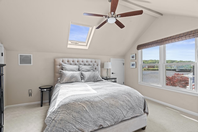 233 Front St Unit 3, New Haven, CT 06513 - bedroom featuring light carpet, baseboards, a skylight, ceiling fan, and a water view