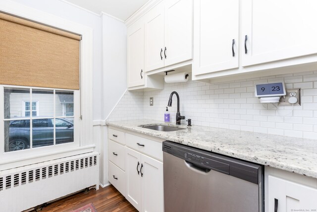2 Middle Ln, Simsbury, CT 06070 - kitchen with radiator, dishwasher, a sink, white cabinets, and backsplash