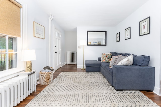 2 Middle Ln, Simsbury, CT 06070 - living area with radiator, dark wood-style floors, and baseboards