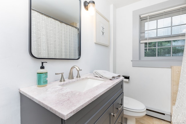 2 Middle Ln, Simsbury, CT 06070 - bathroom featuring a baseboard radiator, vanity, toilet, and tile patterned flooring
