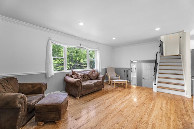 15 Ridgewood Dr, Monroe, CT 06468 - living area with crown molding, stairs, light wood-type flooring, recessed lighting, and baseboards