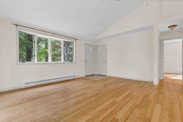 2 Lakeview Cir E, Lyme, CT 06357 - unfurnished room with a baseboard radiator, light wood-type flooring, high vaulted ceiling, baseboards, and baseboard heating