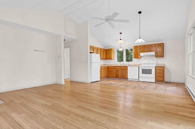 2 Lakeview Cir E, Lyme, CT 06357 - kitchen with white appliances, under cabinet range hood, light wood finished floors, light countertops, and ceiling fan