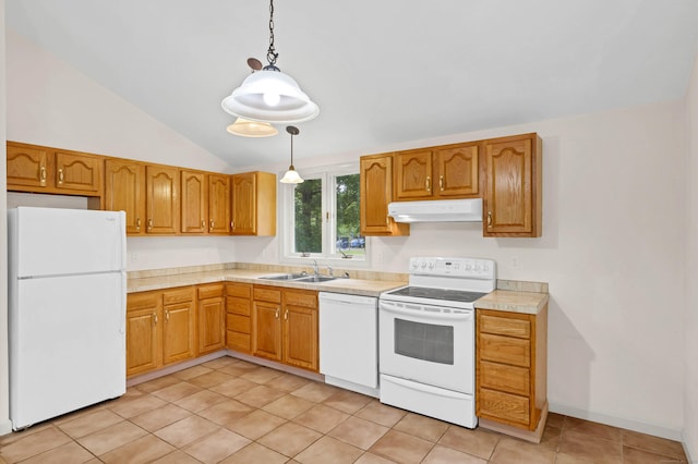 2 Lakeview Cir E, Lyme, CT 06357 - kitchen with white appliances, under cabinet range hood, a sink, light countertops, and vaulted ceiling