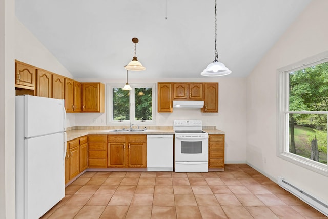 2 Lakeview Cir E, Lyme, CT 06357 - kitchen featuring white appliances, lofted ceiling, baseboard heating, light countertops, and under cabinet range hood