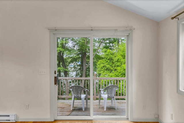 2 Lakeview Cir E, Lyme, CT 06357 - doorway with baseboard heating, vaulted ceiling, and wood finished floors