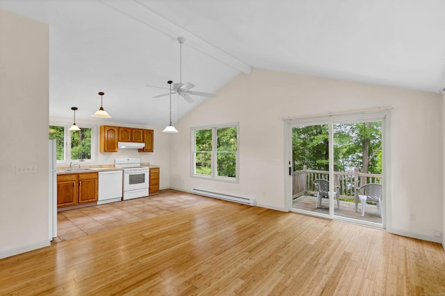 2 Lakeview Cir E, Lyme, CT 06357 - unfurnished living room with a baseboard radiator, a sink, light wood finished floors, beamed ceiling, and healthy amount of natural light