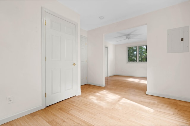2 Lakeview Cir E, Lyme, CT 06357 - unfurnished room featuring electric panel, light wood-type flooring, baseboards, a ceiling fan, and a smoke detector