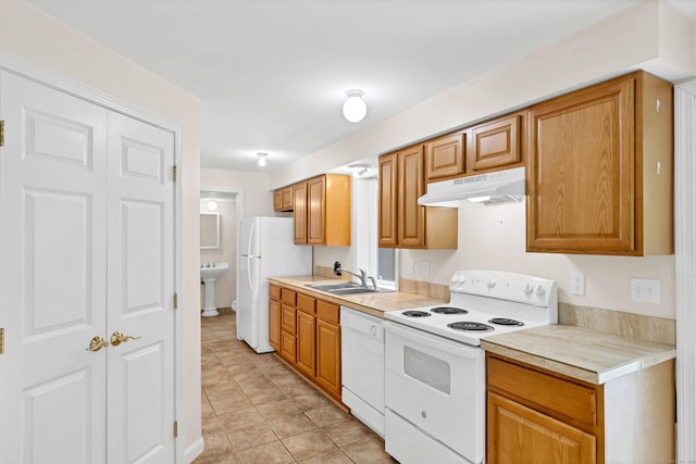 2 Lakeview Cir E, Lyme, CT 06357 - kitchen featuring white appliances, under cabinet range hood, a sink, and light countertops