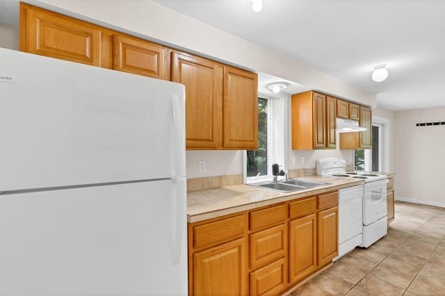 2 Lakeview Cir E, Lyme, CT 06357 - kitchen with white appliances, a sink, light tile patterned flooring, and brown cabinets