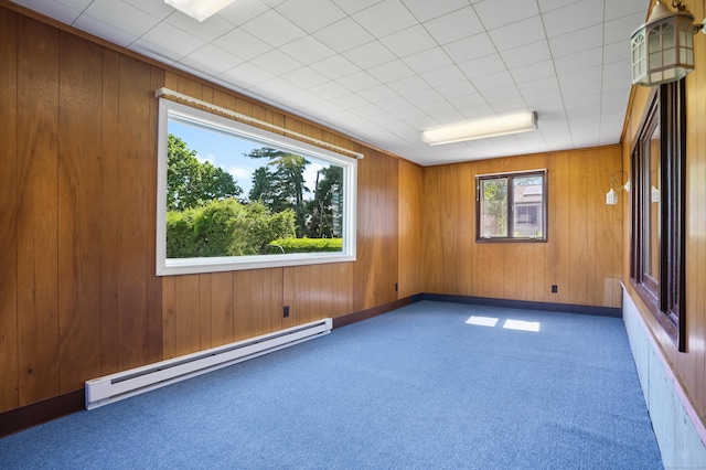 101 Rosengarten Dr, Waterbury, CT 06704 - carpeted empty room featuring a baseboard heating unit and wood walls