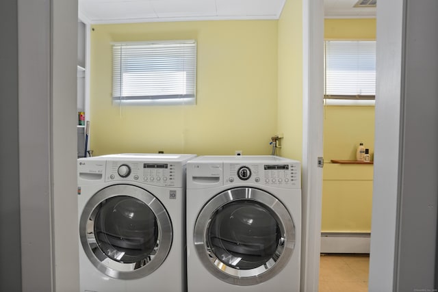 101 Rosengarten Dr, Waterbury, CT 06704 - laundry area with separate washer and dryer, a baseboard radiator, and tile patterned flooring